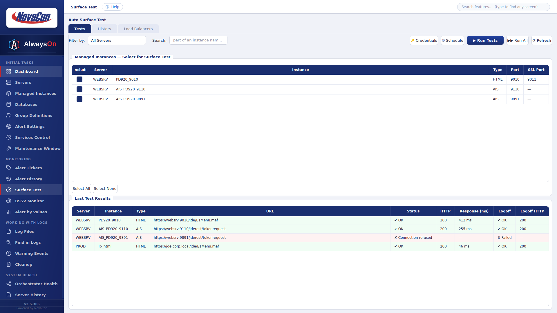 Surface Test screen showing scheduled JD Edwards login tests per managed instance for HTML, AIS and BSSV, with their results.
